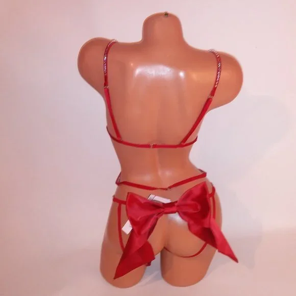 Victoria Secret Lingerie Teddy One Piece XL Red Silver Bling Studded Strappy Ver